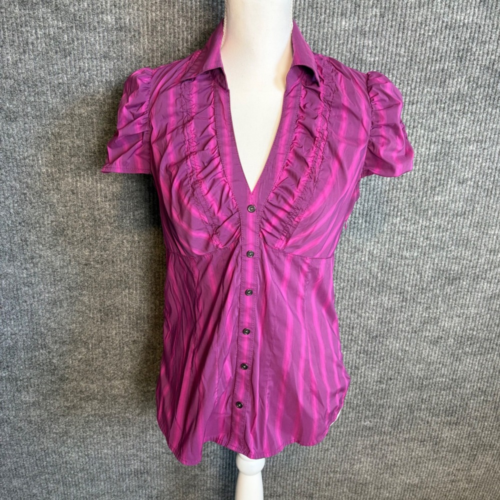 Express Design Studio Magenta Striped Ruffle V-Neck Puff Sleeve Blouse Medium
